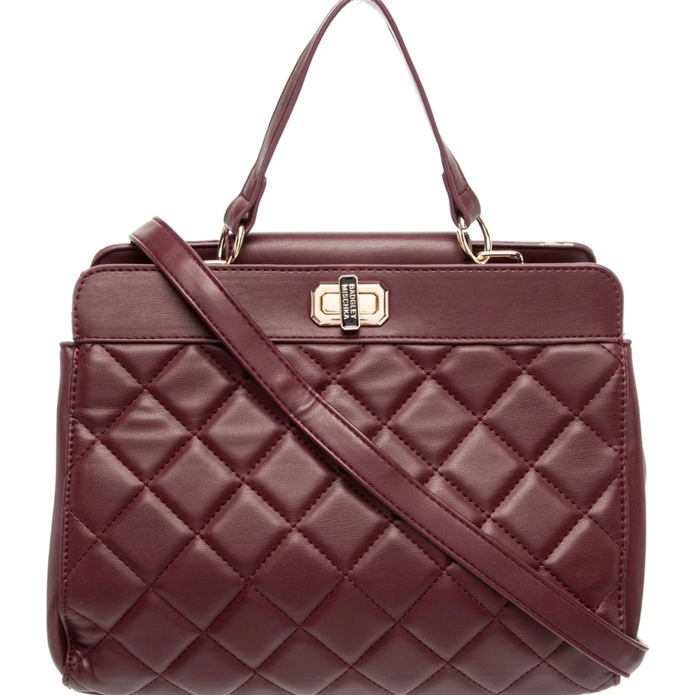 Badgley Mischka Burgundy Quilted Satchel with Gold-Tone Hardware